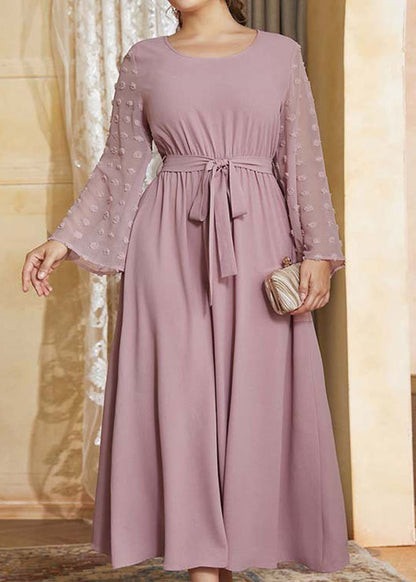 Stylish Pink O-Neck Tulle Patchwork Elastic Waist Solid Holiday Chiffon Maxi Dress Fall