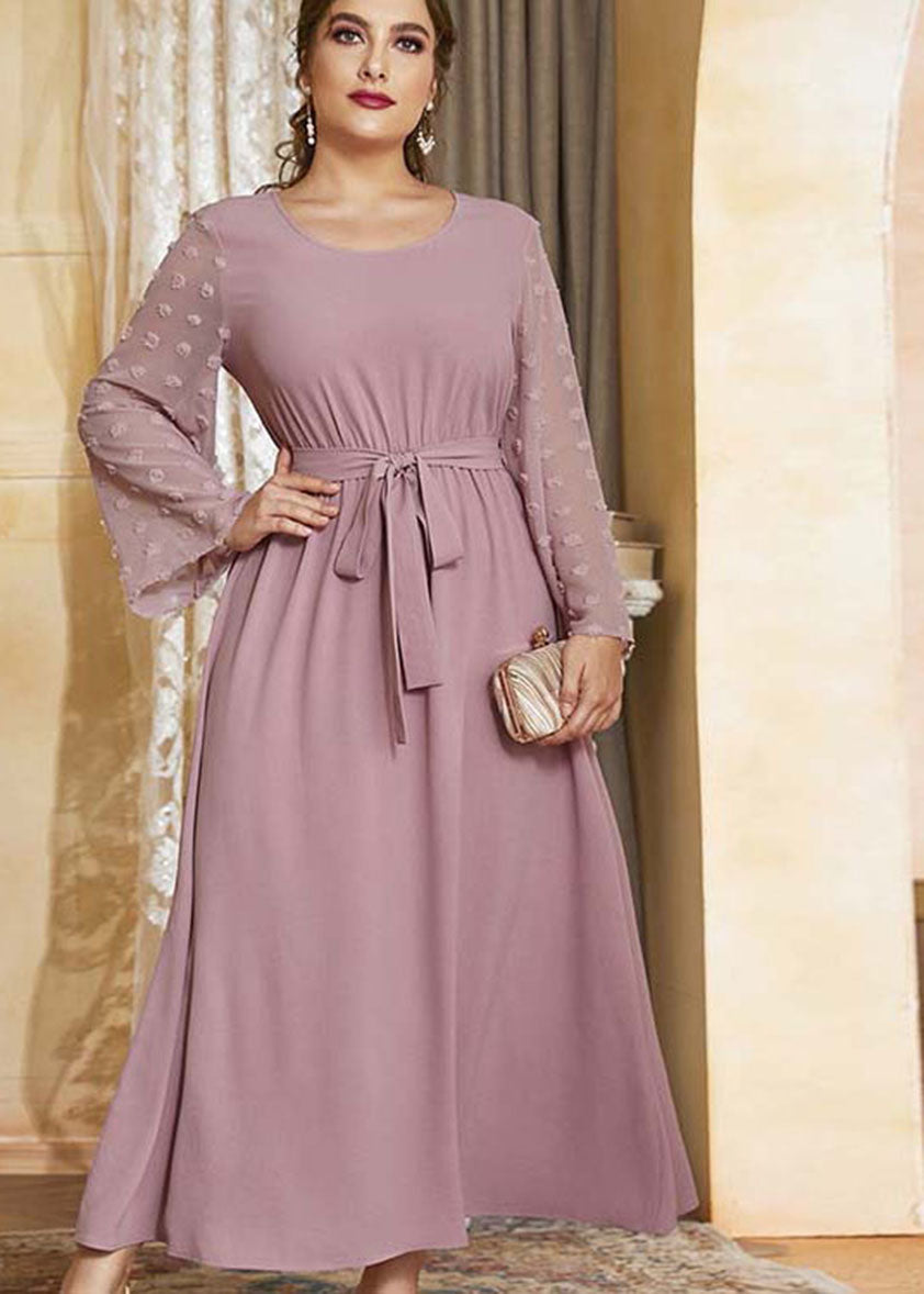 Stylish Pink O-Neck Tulle Patchwork Elastic Waist Solid Holiday Chiffon Maxi Dress Fall