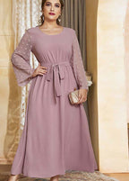 Stylish Pink O-Neck Tulle Patchwork Elastic Waist Solid Holiday Chiffon Maxi Dress Fall