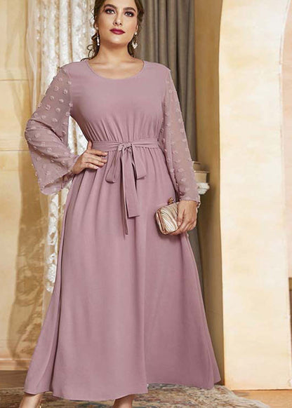 Stylish Pink O-Neck Tulle Patchwork Elastic Waist Solid Holiday Chiffon Maxi Dress Fall