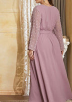 Stylish Pink O-Neck Tulle Patchwork Elastic Waist Solid Holiday Chiffon Maxi Dress Fall