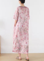 Stylish Pink Print Floral Oriental Summer Linen Dress