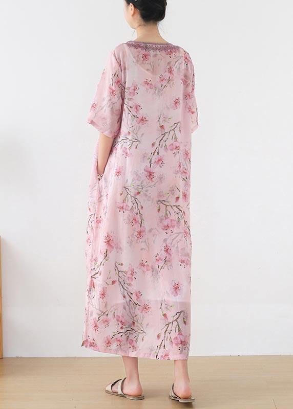 Stylish Pink Print Floral Oriental Summer Linen Dress