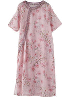 Stylish Pink Print Floral Oriental Summer Linen Dress