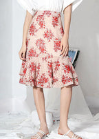 Stylish Pink Print Ruffles High Waist Mermaid Skirts