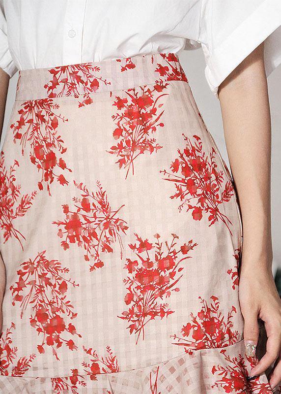 Stylish Pink Print Ruffles High Waist Mermaid Skirts