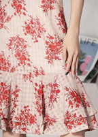 Stylish Pink Print Ruffles High Waist Mermaid Skirts