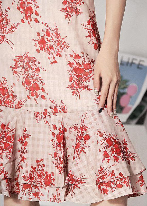 Stylish Pink Print Ruffles High Waist Mermaid Skirts