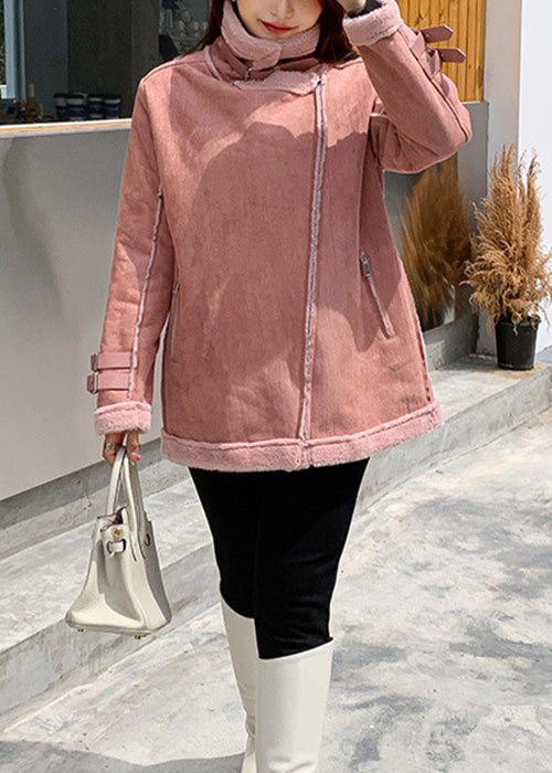 Stylish Pink Zip Up Pockets Patchwork Leather And Fur Coats Fall