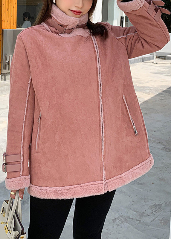 Stylish Pink Zip Up Pockets Patchwork Leather And Fur Coats Fall