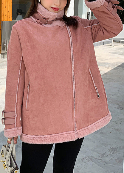 Stylish Pink Zip Up Pockets Patchwork Leather And Fur Coats Fall