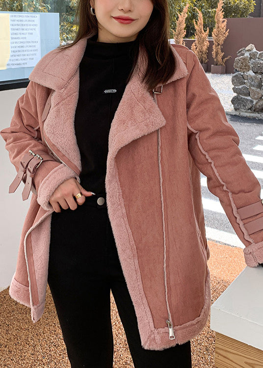 Stylish Pink Zip Up Pockets Patchwork Leather And Fur Coats Fall