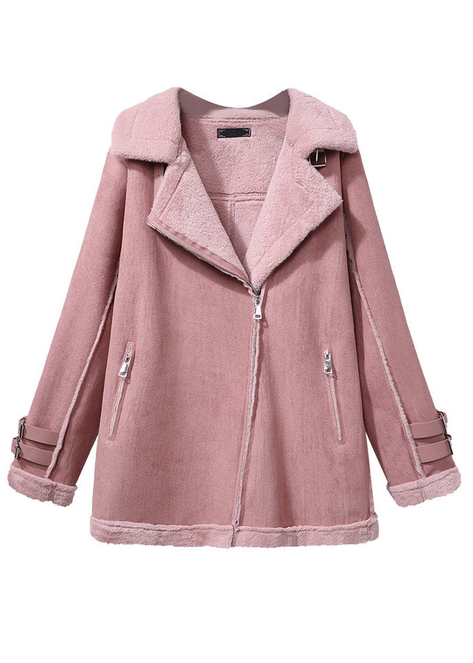 Stylish Pink Zip Up Pockets Patchwork Leather And Fur Coats Fall