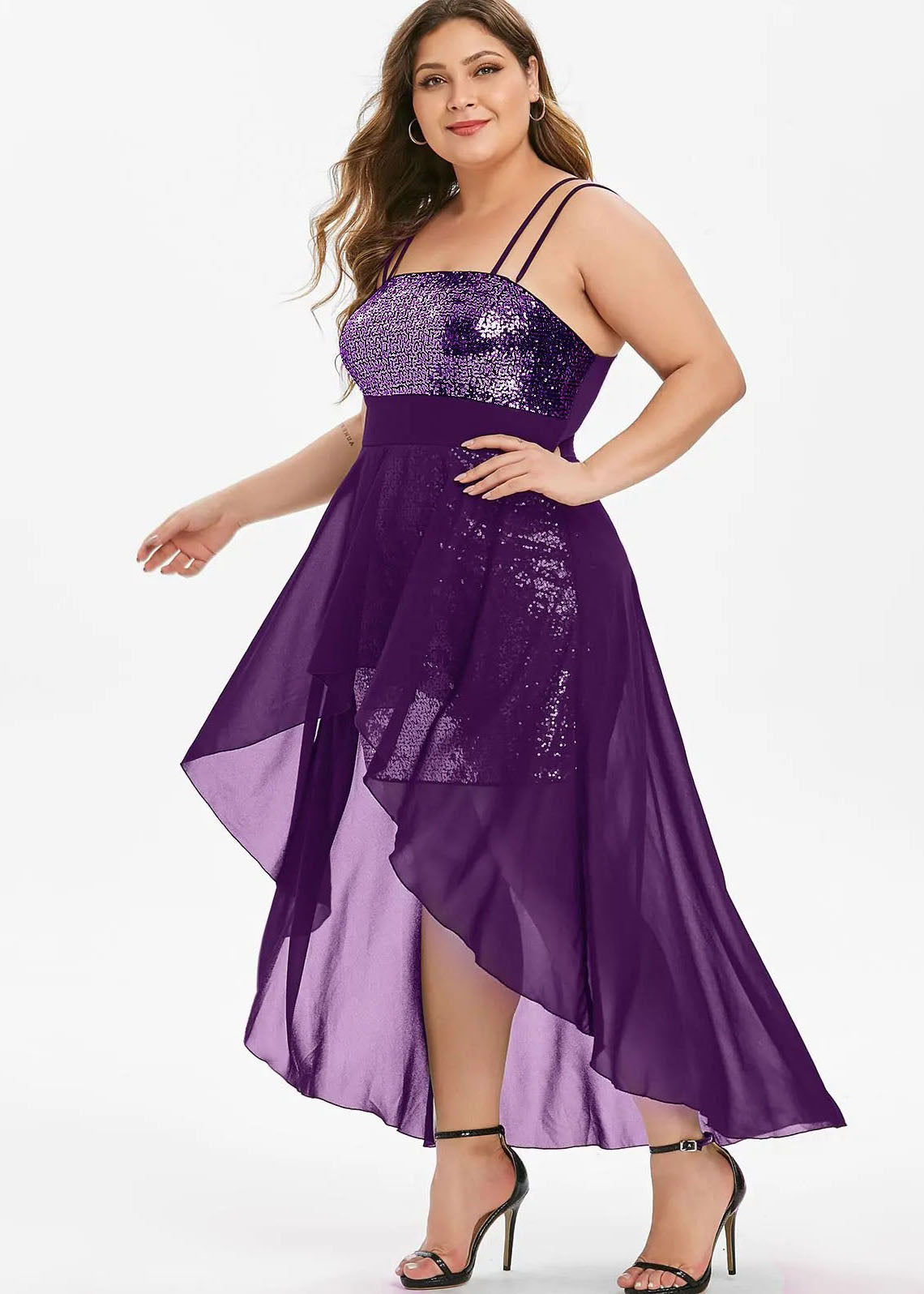 Stylish Purple Sequins Low High Design Patchwork Chiffon Dresses Sleeveless