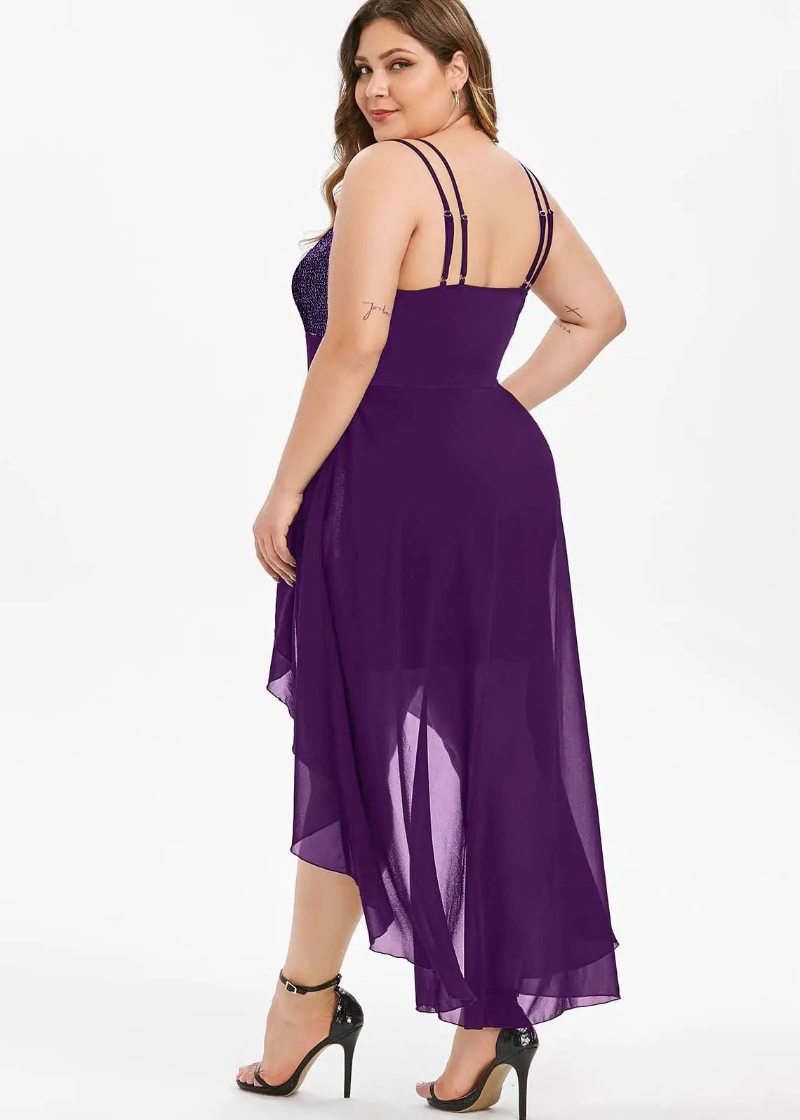 Stylish Purple Sequins Low High Design Patchwork Chiffon Dresses Sleeveless