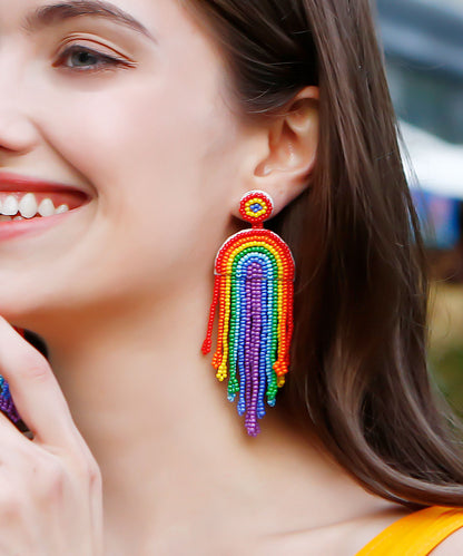 Stylish Rainbow Knit Fabric Tassel Drop Earrings