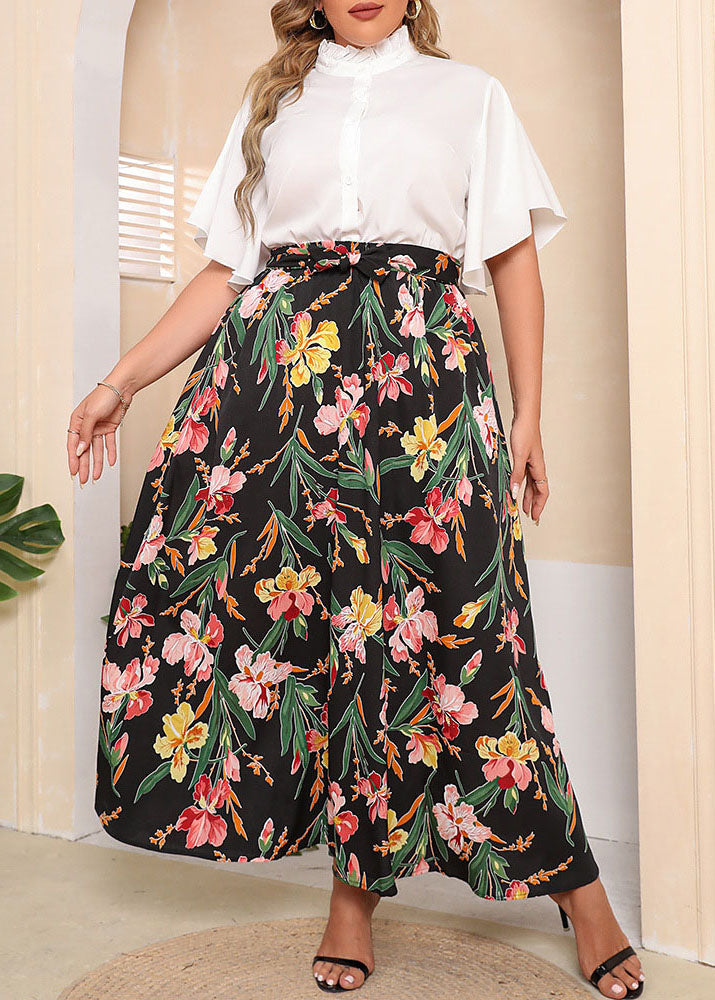 Stylish White Tops And Floral Skirts Chiffon Two Piece Set Butterfly Sleeve