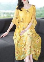 Load image into Gallery viewer, Stylish Yellow Embroideried Silk Cinched Dress Flare Sleeve