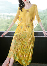 Load image into Gallery viewer, Stylish Yellow Embroideried Silk Cinched Dress Flare Sleeve