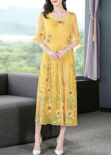 Load image into Gallery viewer, Stylish Yellow Embroideried Silk Cinched Dress Flare Sleeve