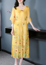 Load image into Gallery viewer, Stylish Yellow Embroideried Silk Cinched Dress Flare Sleeve