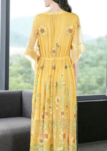Load image into Gallery viewer, Stylish Yellow Embroideried Silk Cinched Dress Flare Sleeve