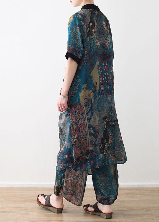 Summer Large Blue Print Chiffon Print Set Women's Shirt Pants Two Piece Set