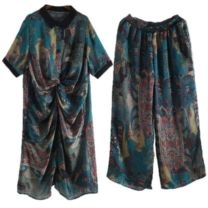 Summer Large Blue Print Chiffon Print Set Women's Shirt Pants Two Piece Set