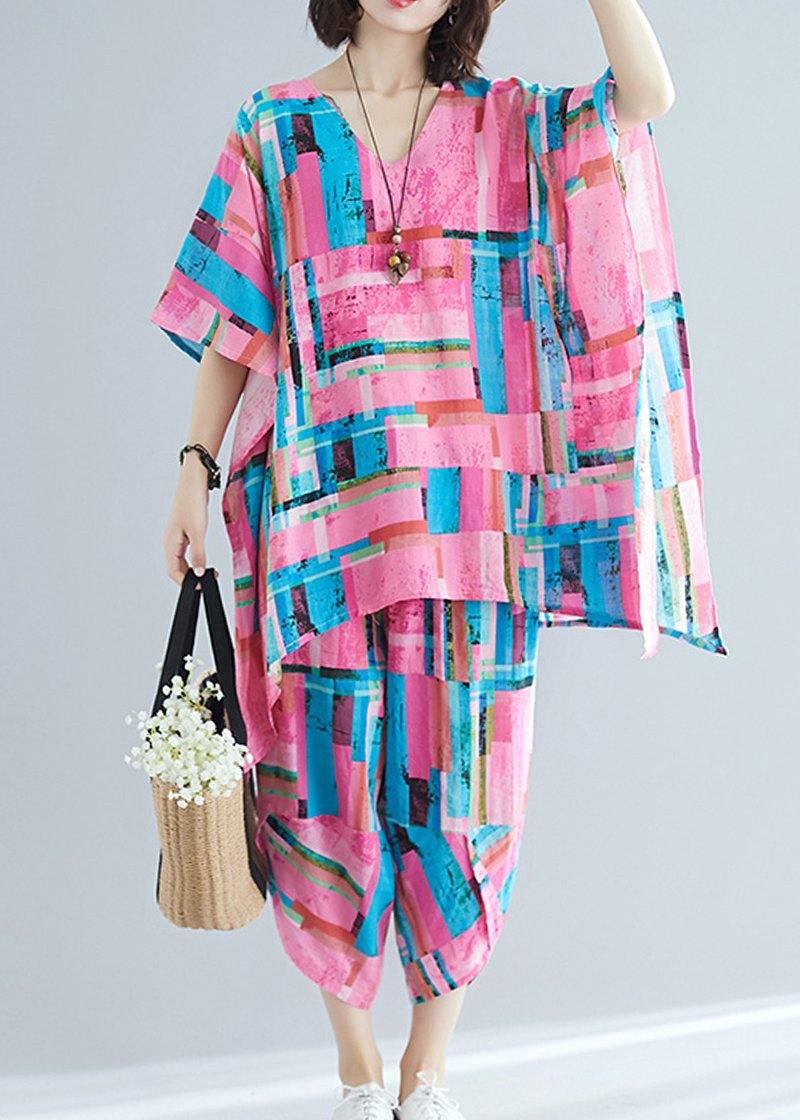 Summer new large size women's art pink print plus long T-shirt + cotton and linen seven points casual pants