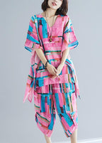 Summer new large size women's art pink print plus long T-shirt + cotton and linen seven points casual pants