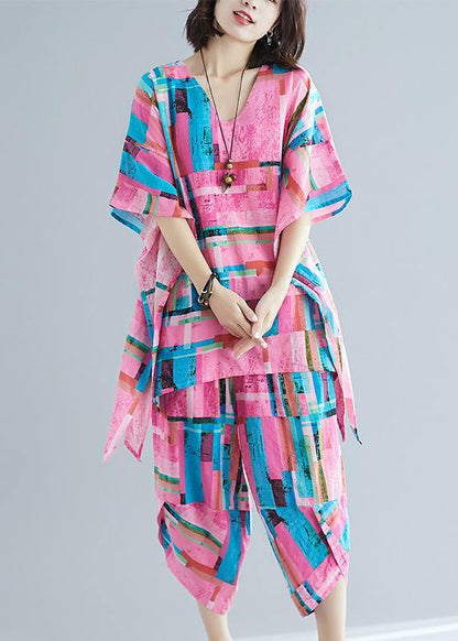 Summer new large size women's art pink print plus long T-shirt + cotton and linen seven points casual pants