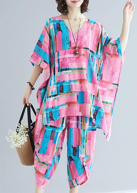 Summer new large size women's art pink print plus long T-shirt + cotton and linen seven points casual pants