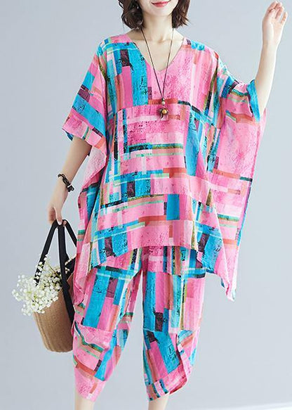 Summer new large size women's art pink print plus long T-shirt + cotton and linen seven points casual pants