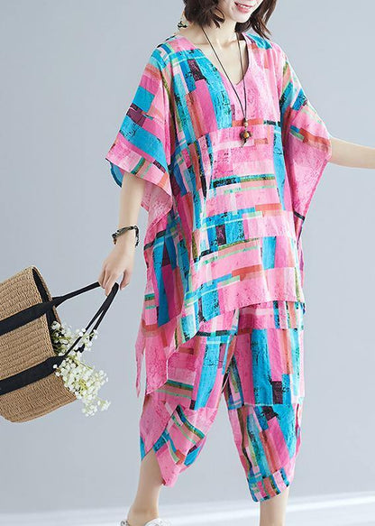 Summer new large size women's art pink print plus long T-shirt + cotton and linen seven points casual pants