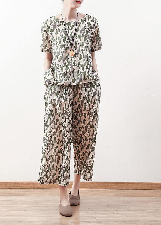 Summer original design vintage green short sleeve prints linen print shirt pants two pieces