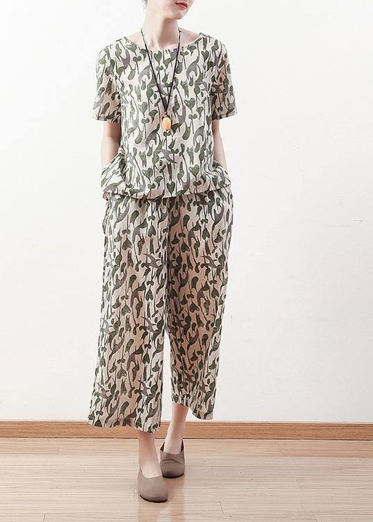 Summer original design vintage green short sleeve prints linen print shirt pants two pieces