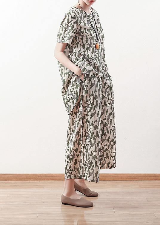 Summer original design vintage green short sleeve prints linen print shirt pants two pieces