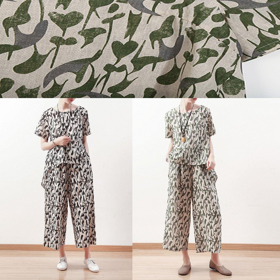 Summer original design vintage green short sleeve prints linen print shirt pants two pieces