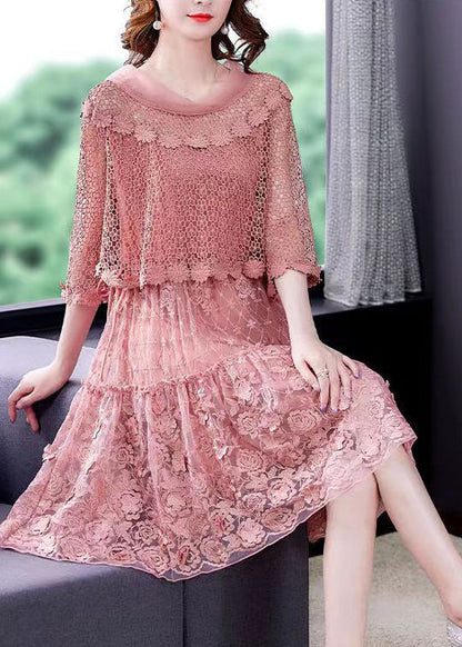 2022 Pink O-Neck Ruffled Patchwork Lace Dress Half Sleeve