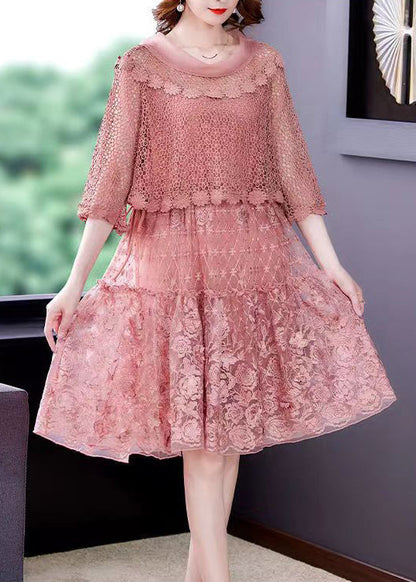 2022 Pink O-Neck Ruffled Patchwork Lace Dress Half Sleeve