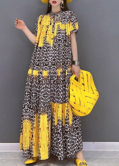 2022 Yellow Print Patchwork Long Dress Short Sleeve