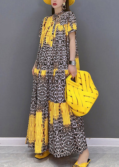 2022 Yellow Print Patchwork Long Dress Short Sleeve