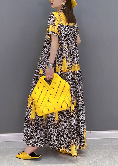 2022 Yellow Print Patchwork Long Dress Short Sleeve