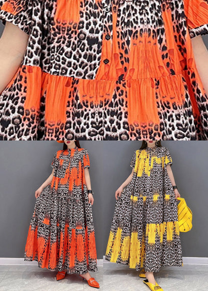 2022 Yellow Print Patchwork Long Dress Short Sleeve