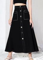 Unique Black Button Pockets A Line Skirts