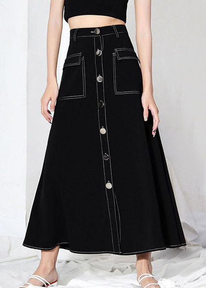 Unique Black Button Pockets A Line Skirts