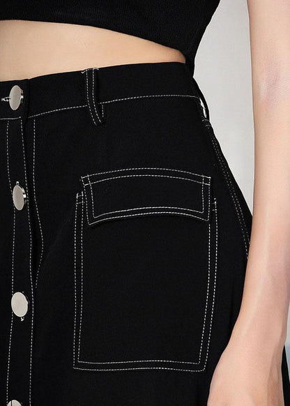 Unique Black Button Pockets A Line Skirts