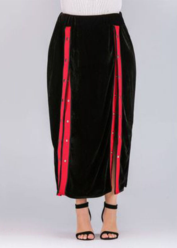 Unique Black Button Side Open Patchwork Velour Skirts Fall