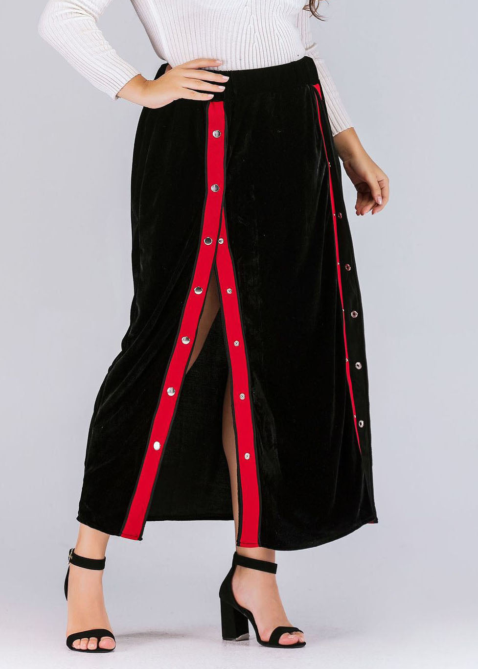 Unique Black Button Side Open Patchwork Velour Skirts Fall