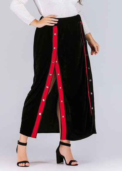 Unique Black Button Side Open Patchwork Velour Skirts Fall